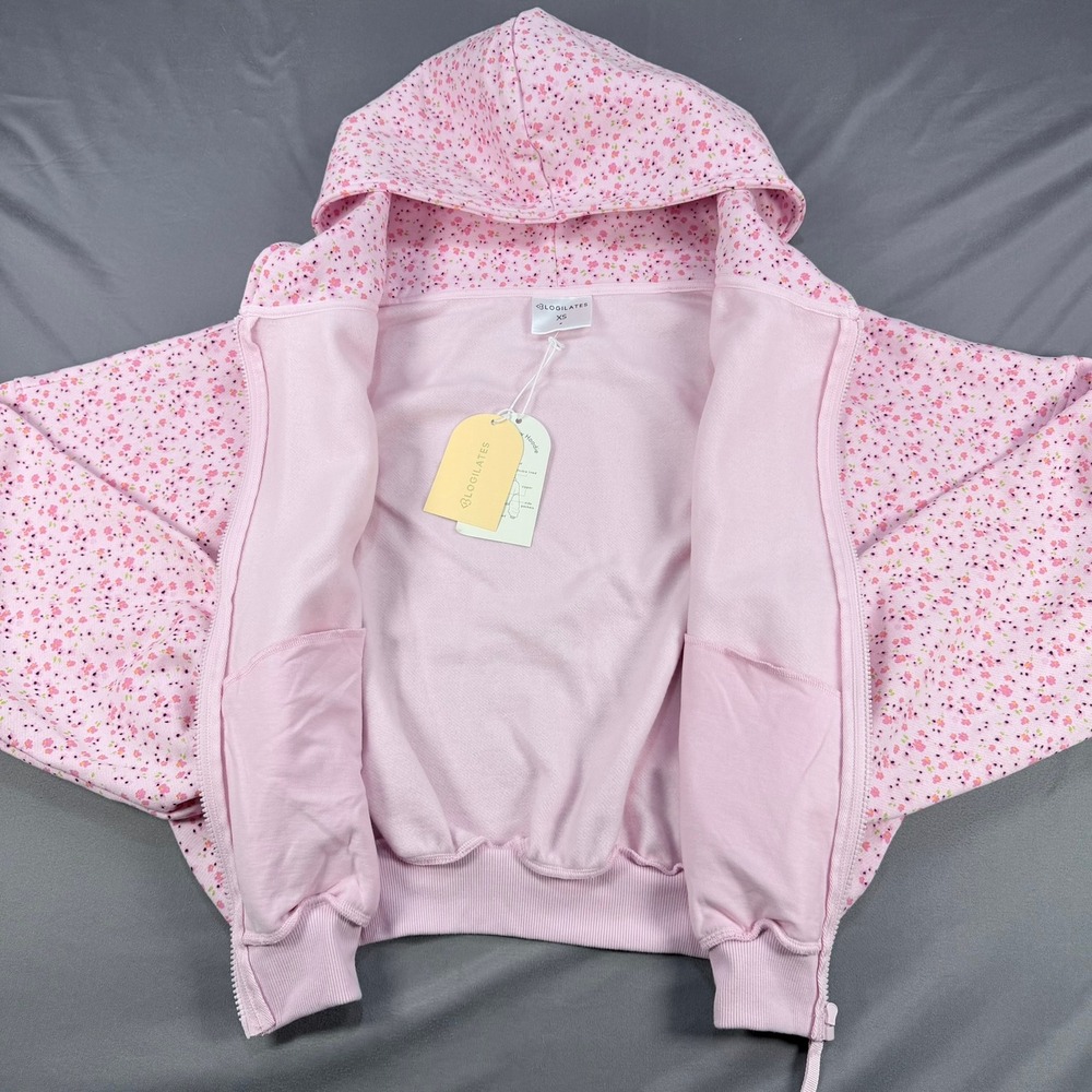 Blogilates Womens XS Pink Floral Cotton Marshmallow Hoodie Oversized Zip Up - Picture 2 of 11
